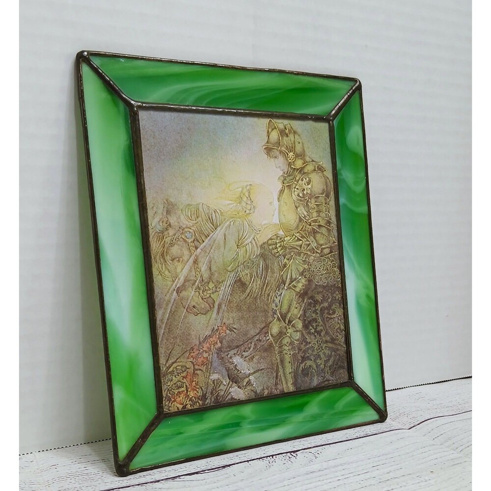 Stained glass fantasy themed art panel wall hanging green w/ permanent picture